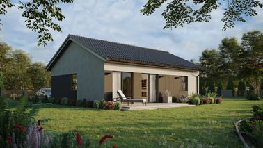 Projekt ERDOL 1 XL - Wersja prawa (salon po prawej stronie) - Dwuspadowy bez poddasza użytkowego – kąt nachylenia 25 stopni - Bez okien/świetlików dachowych - Okna standardowe - Styropian, siatka i klej - Antracyt - Bez instalacji fotowoltaicznej