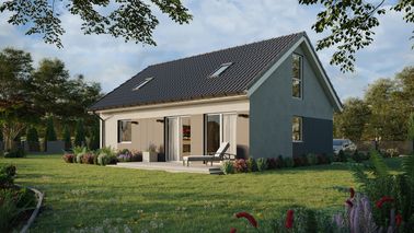 Projekt ERDOL 1 XL - Wersja lewa (salon po lewej stronie) - Dwuspadowy z poddaszem użytkowym – kąt nachylenia 35 stopni - Schody w salonie - Dwa okna dachowe pokojowe - Okna na poddaszu do podłogi - Styropian, siatka i klej - Biały - Bez instalacji fotowoltaicznej