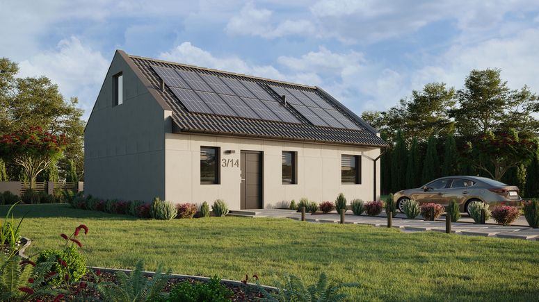 Projekt ERDOL 1 XL - Wersja prawa (salon po prawej stronie) - Dwuspadowy nowoczesny z poddaszem użytkowym – kąt nachylenia 35 stopni - Schody w salonie - Bez okien/świetlików dachowych - Okna standardowe - Bez styropianu, siatki i kleju - Antracyt - Instalacja fotowoltaiczna 6,4 kWp (16 paneli)