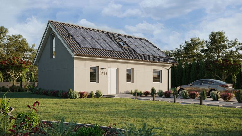 Projekt ERDOL 1 XL - Wersja prawa (salon po prawej stronie) - Dwuspadowy z poddaszem użytkowym – kąt nachylenia 35 stopni - Schody w salonie - Okno dachowe pokojowe i łazienkowe - Okno balkonowe w jadalni i okna na poddaszu do podłogi - Bez styropianu, siatki i kleju - Biały - Instalacja fotowoltaiczna 6,4 kWp (16 paneli)