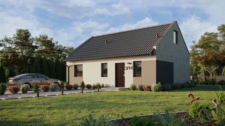 Projekt ERDOL 1 XL - Wersja lewa (salon po lewej stronie) - Dwuspadowy nowoczesny z poddaszem użytkowym – kąt nachylenia 35 stopni - Schody w salonie - Bez okien/świetlików dachowych - Okna standardowe - Styropian, siatka i klej - Orzech - Bez instalacji fotowoltaicznej