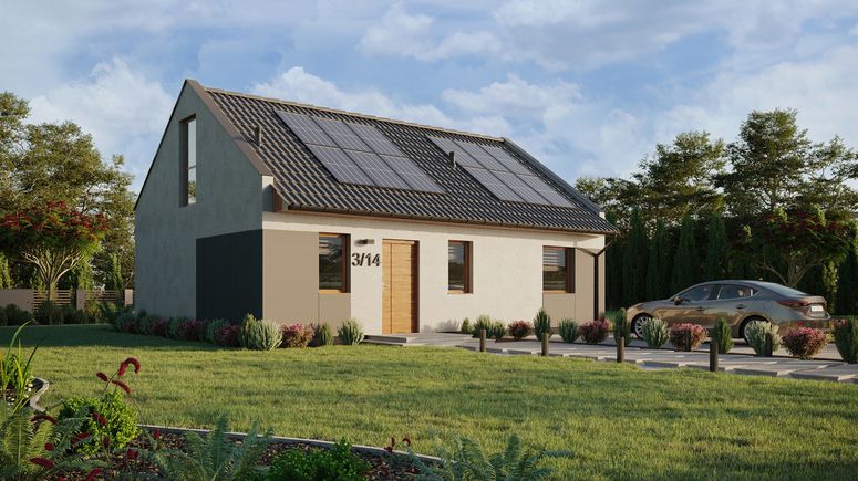 Projekt ERDOL 1 XL - Wersja prawa (salon po prawej stronie) - Dwuspadowy nowoczesny z poddaszem użytkowym – kąt nachylenia 35 stopni - Schody w salonie - Bez okien/świetlików dachowych - Okno balkonowe w jadalni i okna na poddaszu do podłogi - Styropian, siatka i klej - Złoty dąb - Instalacja fotowoltaiczna 4,8 kWp (12 paneli)