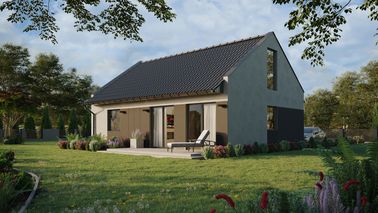 Projekt ERDOL 1 XL - Wersja lewa (salon po lewej stronie) - Dwuspadowy nowoczesny z poddaszem użytkowym – kąt nachylenia 35 stopni - Schody w salonie - Bez okien/świetlików dachowych - Okna na poddaszu do podłogi - Styropian, siatka i klej - Antracyt - Bez instalacji fotowoltaicznej