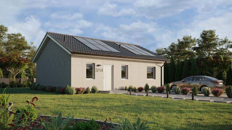 Projekt ERDOL 1 XL - Wersja prawa (salon po prawej stronie) - Dwuspadowy bez poddasza użytkowego – kąt nachylenia 25 stopni - Bez okien/świetlików dachowych - Okna standardowe - Bez styropianu, siatki i kleju - Biały - Instalacja fotowoltaiczna 4,8 kWp (12 paneli)