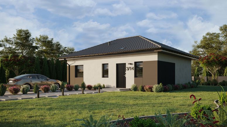 Projekt ERDOL 1 XL - Wersja lewa (salon po lewej stronie) - Czterospadowy bez poddasza użytkowego – kąt nachylenia 25 stopni - Świetlik dachowy - Okna standardowe - Styropian, siatka i klej - Antracyt