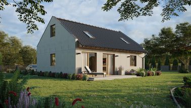 Projekt ERDOL 1 XL - Wersja prawa (salon po prawej stronie) - Dwuspadowy nowoczesny z poddaszem użytkowym – kąt nachylenia 35 stopni - Klatka schodowa - Dwa okna dachowe pokojowe - Okna standardowe - Bez styropianu, siatki i kleju - Winchester - Bez instalacji fotowoltaicznej