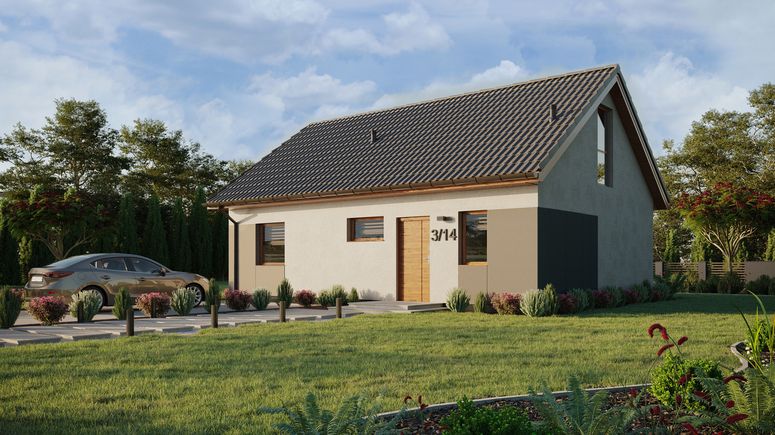 Projekt ERDOL 1 XL - Wersja lewa (salon po lewej stronie) - Dwuspadowy z poddaszem użytkowym – kąt nachylenia 35 stopni - Klatka schodowa - Bez okien/świetlików dachowych - Okno balkonowe w jadalni i okna na poddaszu do podłogi - Styropian, siatka i klej - Złoty dąb - Bez instalacji fotowoltaicznej