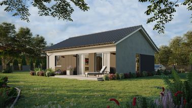 Projekt ERDOL 1 XL - Wersja lewa (salon po lewej stronie) - Dwuspadowy bez poddasza użytkowego – kąt nachylenia 25 stopni - Bez okien/świetlików dachowych - Okno balkonowe w jadalni - Styropian, siatka i klej - Biały - Bez instalacji fotowoltaicznej