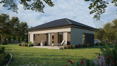 Projekt ERDOL 1 XL - Wersja lewa (salon po lewej stronie) - Czterospadowy bez poddasza użytkowego – kąt nachylenia 25 stopni - Bez okien/świetlików dachowych - Okno balkonowe w jadalni - Styropian, siatka i klej - Antracyt