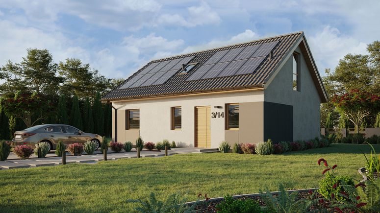 Projekt ERDOL 1 XL - Wersja lewa (salon po lewej stronie) - Dwuspadowy z poddaszem użytkowym – kąt nachylenia 35 stopni - Schody w salonie - Okno dachowe pokojowe i łazienkowe - Okno balkonowe w jadalni i okna na poddaszu do podłogi - Styropian, siatka i klej - Winchester - Instalacja fotowoltaiczna 6,4 kWp (16 paneli)