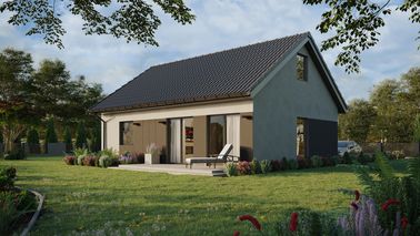 Projekt ERDOL 1 XL - Wersja lewa (salon po lewej stronie) - Dwuspadowy z poddaszem użytkowym – kąt nachylenia 35 stopni - Klatka schodowa - Bez okien/świetlików dachowych - Okno balkonowe w jadalni - Styropian, siatka i klej - Antracyt - Bez instalacji fotowoltaicznej