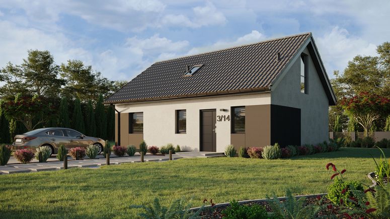 Projekt ERDOL 1 XL - Wersja lewa (salon po lewej stronie) - Dwuspadowy z poddaszem użytkowym – kąt nachylenia 35 stopni - Schody w salonie - Okno dachowe pokojowe i łazienkowe - Okno balkonowe w jadalni i okna na poddaszu do podłogi - Styropian, siatka i klej - Antracyt - Bez instalacji fotowoltaicznej