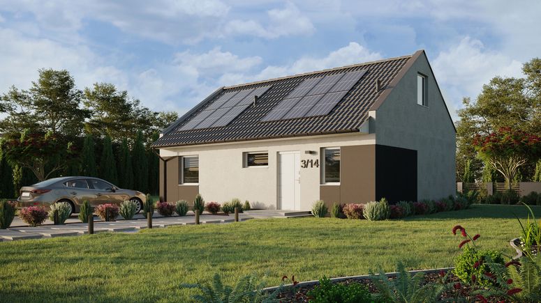 Projekt ERDOL 1 XL - Wersja lewa (salon po lewej stronie) - Dwuspadowy nowoczesny z poddaszem użytkowym – kąt nachylenia 35 stopni - Klatka schodowa - Bez okien/świetlików dachowych - Okna standardowe - Styropian, siatka i klej - Biały - Instalacja fotowoltaiczna 4,8 kWp (12 paneli)