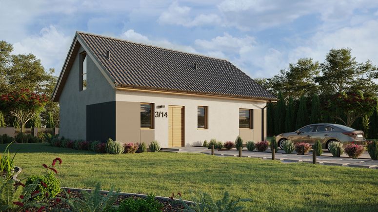 Projekt ERDOL 1 XL - Wersja prawa (salon po prawej stronie) - Dwuspadowy z poddaszem użytkowym – kąt nachylenia 35 stopni - Schody w salonie - Bez okien/świetlików dachowych - Okno balkonowe w jadalni i okna na poddaszu do podłogi - Styropian, siatka i klej - Winchester - Bez instalacji fotowoltaicznej