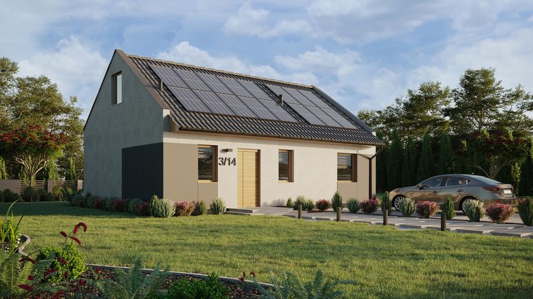 Projekt ERDOL 1 XL - Wersja prawa (salon po prawej stronie) - Dwuspadowy nowoczesny z poddaszem użytkowym – kąt nachylenia 35 stopni - Schody w salonie - Dwa okna dachowe pokojowe - Okna standardowe - Styropian, siatka i klej - Winchester - Instalacja fotowoltaiczna 6,4 kWp (16 paneli)