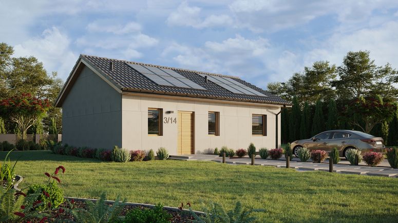 Projekt ERDOL 1 XL - Wersja prawa (salon po prawej stronie) - Dwuspadowy bez poddasza użytkowego – kąt nachylenia 25 stopni - Bez okien/świetlików dachowych - Okna standardowe - Bez styropianu, siatki i kleju - Winchester - Instalacja fotowoltaiczna 4,8 kWp (12 paneli)