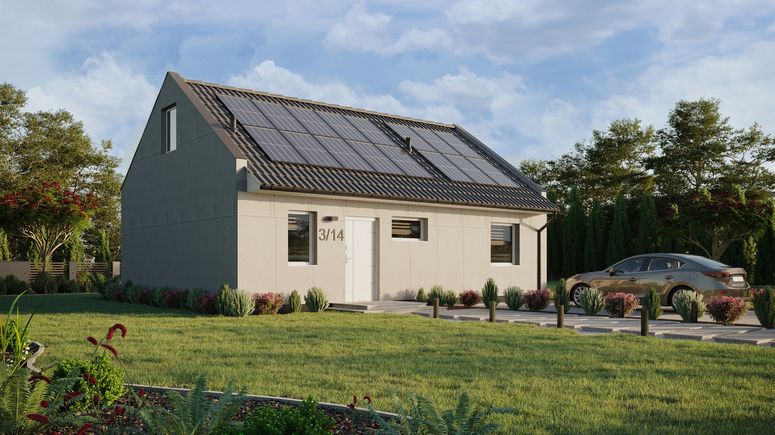 Projekt ERDOL 1 XL - Wersja prawa (salon po prawej stronie) - Dwuspadowy nowoczesny z poddaszem użytkowym – kąt nachylenia 35 stopni - Klatka schodowa - Bez okien/świetlików dachowych - Okna standardowe - Bez styropianu, siatki i kleju - Biały - Instalacja fotowoltaiczna 6,4 kWp (16 paneli)