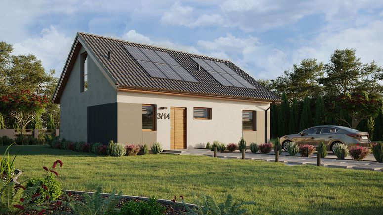 Projekt ERDOL 1 XL - Wersja prawa (salon po prawej stronie) - Dwuspadowy z poddaszem użytkowym – kąt nachylenia 35 stopni - Klatka schodowa - Okno dachowe pokojowe i łazienkowe - Okno balkonowe w jadalni i okna na poddaszu do podłogi - Styropian, siatka i klej - Złoty dąb - Instalacja fotowoltaiczna 4,8 kWp (12 paneli)