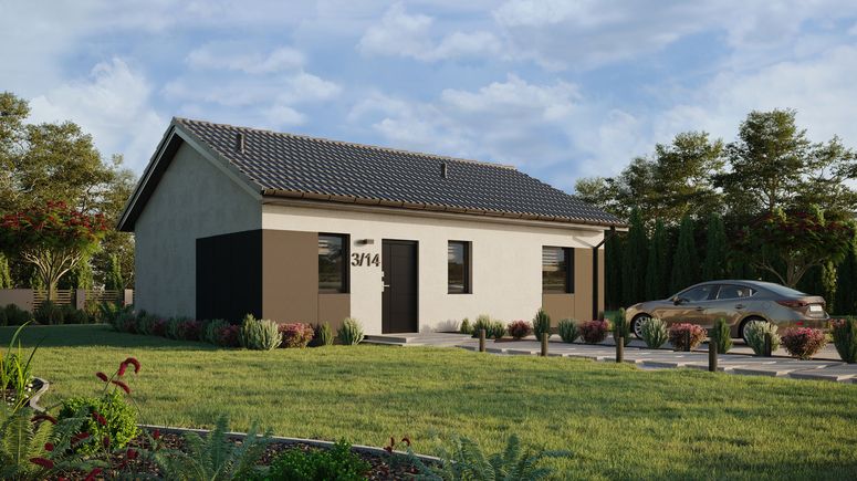 Projekt ERDOL 1 XL - Wersja prawa (salon po prawej stronie) - Dwuspadowy bez poddasza użytkowego – kąt nachylenia 25 stopni - Bez okien/świetlików dachowych - Okna standardowe - Styropian, siatka i klej - Antracyt - Bez instalacji fotowoltaicznej