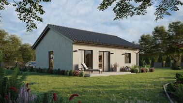 Projekt ERDOL 1 XL - Wersja prawa (salon po prawej stronie) - Dwuspadowy bez poddasza użytkowego – kąt nachylenia 25 stopni - Świetlik dachowy - Okno balkonowe w jadalni - Bez styropianu, siatki i kleju - Antracyt - Bez instalacji fotowoltaicznej