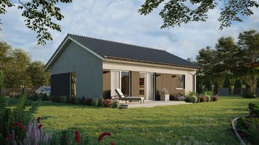 Projekt ERDOL 1 XL - Wersja prawa (salon po prawej stronie) - Dwuspadowy bez poddasza użytkowego – kąt nachylenia 25 stopni - Bez okien/świetlików dachowych - Okno balkonowe w jadalni - Styropian, siatka i klej - Biały - Bez instalacji fotowoltaicznej