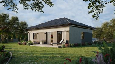 Projekt ERDOL 1 XL - Wersja lewa (salon po lewej stronie) - Czterospadowy bez poddasza użytkowego – kąt nachylenia 25 stopni - Bez okien/świetlików dachowych - Okna standardowe - Styropian, siatka i klej - Orzech