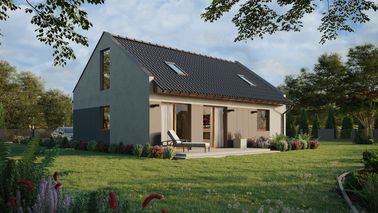 Projekt ERDOL 1 XL - Wersja prawa (salon po prawej stronie) - Dwuspadowy nowoczesny z poddaszem użytkowym – kąt nachylenia 35 stopni - Klatka schodowa - Dwa okna dachowe pokojowe - Okna na poddaszu do podłogi - Styropian, siatka i klej - Złoty dąb - Bez instalacji fotowoltaicznej