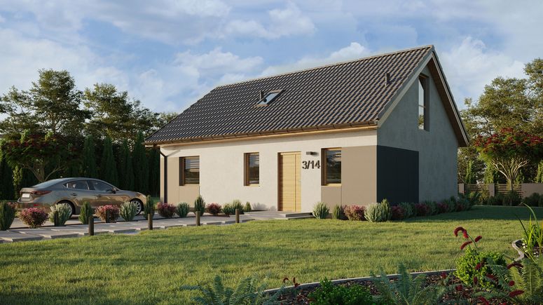 Projekt ERDOL 1 XL - Wersja lewa (salon po lewej stronie) - Dwuspadowy z poddaszem użytkowym – kąt nachylenia 35 stopni - Schody w salonie - Okno dachowe pokojowe i łazienkowe - Okno balkonowe w jadalni i okna na poddaszu do podłogi - Styropian, siatka i klej - Winchester - Bez instalacji fotowoltaicznej