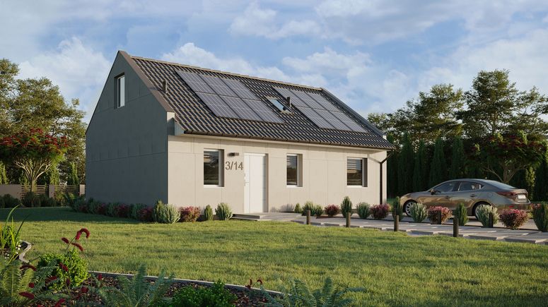 Projekt ERDOL 1 XL - Wersja prawa (salon po prawej stronie) - Dwuspadowy nowoczesny z poddaszem użytkowym – kąt nachylenia 35 stopni - Schody w salonie - Okno dachowe pokojowe i łazienkowe - Okna standardowe - Bez styropianu, siatki i kleju - Biały - Instalacja fotowoltaiczna 4,8 kWp (12 paneli)