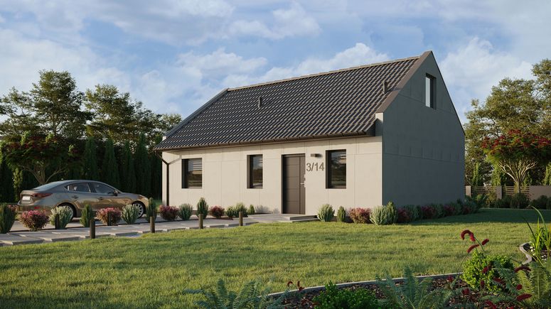 Projekt ERDOL 1 XL - Wersja lewa (salon po lewej stronie) - Dwuspadowy nowoczesny z poddaszem użytkowym – kąt nachylenia 35 stopni - Schody w salonie - Bez okien/świetlików dachowych - Okna standardowe - Bez styropianu, siatki i kleju - Antracyt - Bez instalacji fotowoltaicznej