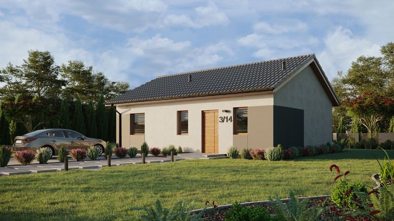 Projekt ERDOL 1 XL - Wersja lewa (salon po lewej stronie) - Dwuspadowy bez poddasza użytkowego – kąt nachylenia 25 stopni - Bez okien/świetlików dachowych - Okna standardowe - Styropian, siatka i klej - Złoty dąb - Bez instalacji fotowoltaicznej