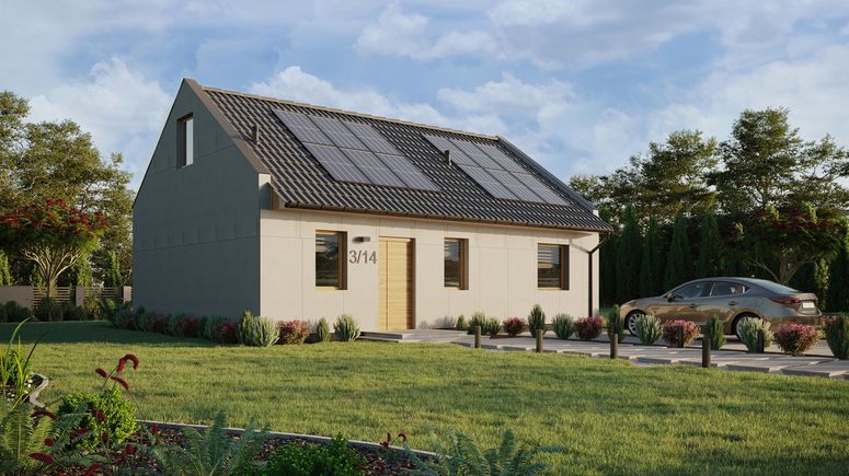 Projekt ERDOL 1 XL - Wersja prawa (salon po prawej stronie) - Dwuspadowy nowoczesny z poddaszem użytkowym – kąt nachylenia 35 stopni - Schody w salonie - Bez okien/świetlików dachowych - Okno balkonowe w jadalni - Bez styropianu, siatki i kleju - Winchester - Instalacja fotowoltaiczna 4,8 kWp (12 paneli)