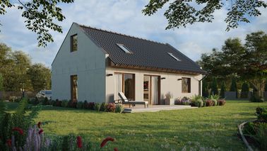 Projekt ERDOL 1 XL - Wersja prawa (salon po prawej stronie) - Dwuspadowy nowoczesny z poddaszem użytkowym – kąt nachylenia 35 stopni - Klatka schodowa - Dwa okna dachowe pokojowe - Okno balkonowe w jadalni - Bez styropianu, siatki i kleju - Złoty dąb - Bez instalacji fotowoltaicznej