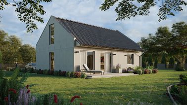 Projekt ERDOL 1 XL - Wersja prawa (salon po prawej stronie) - Dwuspadowy nowoczesny z poddaszem użytkowym – kąt nachylenia 35 stopni - Klatka schodowa - Bez okien/świetlików dachowych - Okno balkonowe w jadalni i okna na poddaszu do podłogi - Bez styropianu, siatki i kleju - Biały - Bez instalacji fotowoltaicznej