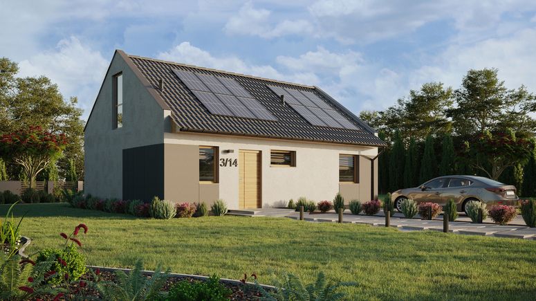 Projekt ERDOL 1 XL - Wersja prawa (salon po prawej stronie) - Dwuspadowy nowoczesny z poddaszem użytkowym – kąt nachylenia 35 stopni - Klatka schodowa - Bez okien/świetlików dachowych - Okno balkonowe w jadalni i okna na poddaszu do podłogi - Styropian, siatka i klej - Winchester - Instalacja fotowoltaiczna 4,8 kWp (12 paneli)