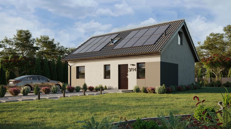 Projekt ERDOL 1 XL - Wersja lewa (salon po lewej stronie) - Dwuspadowy z poddaszem użytkowym – kąt nachylenia 35 stopni - Schody w salonie - Okno dachowe pokojowe i łazienkowe - Okna standardowe - Styropian, siatka i klej - Orzech - Instalacja fotowoltaiczna 6,4 kWp (16 paneli)