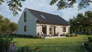 Projekt ERDOL 1 XL - Wersja prawa (salon po prawej stronie) - Dwuspadowy nowoczesny z poddaszem użytkowym – kąt nachylenia 35 stopni - Klatka schodowa - Okno dachowe pokojowe i łazienkowe - Okna na poddaszu do podłogi - Bez styropianu, siatki i kleju - Orzech - Bez instalacji fotowoltaicznej