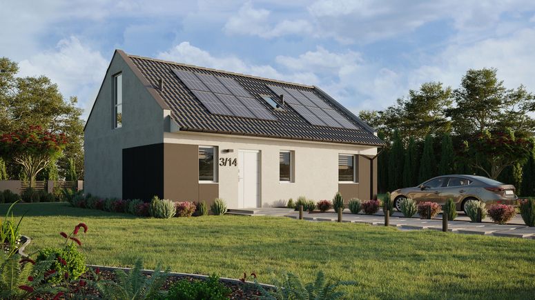 Projekt ERDOL 1 XL - Wersja prawa (salon po prawej stronie) - Dwuspadowy nowoczesny z poddaszem użytkowym – kąt nachylenia 35 stopni - Schody w salonie - Okno dachowe pokojowe i łazienkowe - Okno balkonowe w jadalni i okna na poddaszu do podłogi - Styropian, siatka i klej - Biały - Instalacja fotowoltaiczna 4,8 kWp (12 paneli)