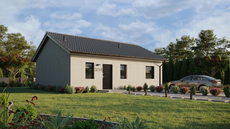 Projekt ERDOL 1 XL - Wersja prawa (salon po prawej stronie) - Dwuspadowy bez poddasza użytkowego – kąt nachylenia 25 stopni - Bez okien/świetlików dachowych - Okna standardowe - Bez styropianu, siatki i kleju - Antracyt - Bez instalacji fotowoltaicznej