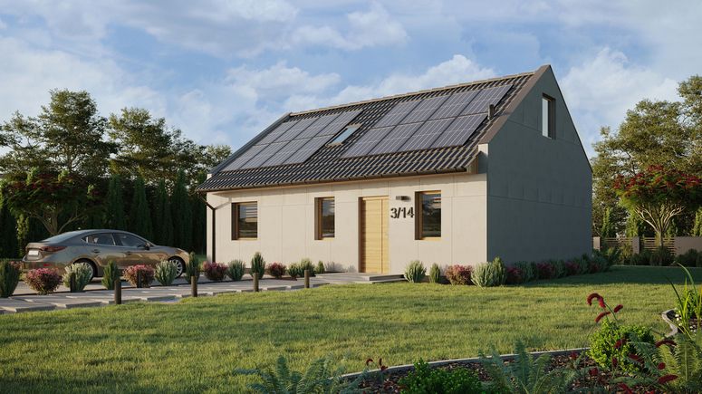 Projekt ERDOL 1 XL - Wersja lewa (salon po lewej stronie) - Dwuspadowy nowoczesny z poddaszem użytkowym – kąt nachylenia 35 stopni - Schody w salonie - Okno dachowe pokojowe i łazienkowe - Okno balkonowe w jadalni - Bez styropianu, siatki i kleju - Winchester - Instalacja fotowoltaiczna 6,4 kWp (16 paneli)