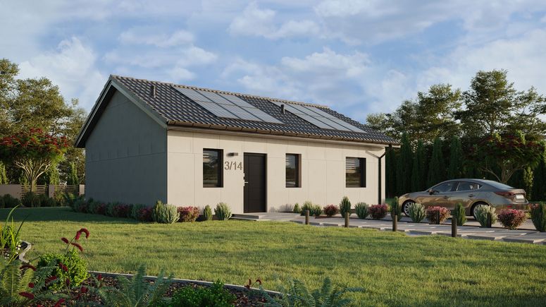 Projekt ERDOL 1 XL - Wersja prawa (salon po prawej stronie) - Dwuspadowy bez poddasza użytkowego – kąt nachylenia 25 stopni - Bez okien/świetlików dachowych - Okna standardowe - Bez styropianu, siatki i kleju - Antracyt - Instalacja fotowoltaiczna 4,8 kWp (12 paneli)