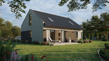 Projekt ERDOL 1 XL - Wersja prawa (salon po prawej stronie) - Dwuspadowy nowoczesny z poddaszem użytkowym – kąt nachylenia 35 stopni - Schody w salonie - Dwa okna dachowe pokojowe - Okna na poddaszu do podłogi - Styropian, siatka i klej - Antracyt - Bez instalacji fotowoltaicznej