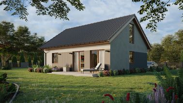 Projekt ERDOL 1 XL - Wersja lewa (salon po lewej stronie) - Dwuspadowy z poddaszem użytkowym – kąt nachylenia 35 stopni - Klatka schodowa - Bez okien/świetlików dachowych - Okna na poddaszu do podłogi - Styropian, siatka i klej - Złoty dąb - Bez instalacji fotowoltaicznej