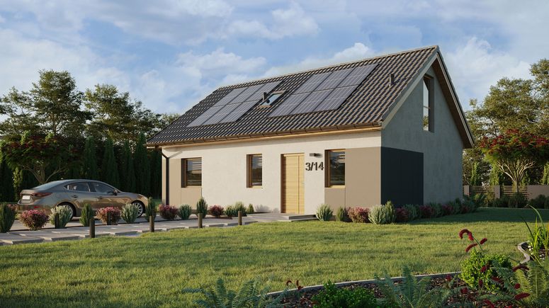 Projekt ERDOL 1 XL - Wersja lewa (salon po lewej stronie) - Dwuspadowy z poddaszem użytkowym – kąt nachylenia 35 stopni - Schody w salonie - Okno dachowe pokojowe i łazienkowe - Okna na poddaszu do podłogi - Styropian, siatka i klej - Winchester - Instalacja fotowoltaiczna 4,8 kWp (12 paneli)