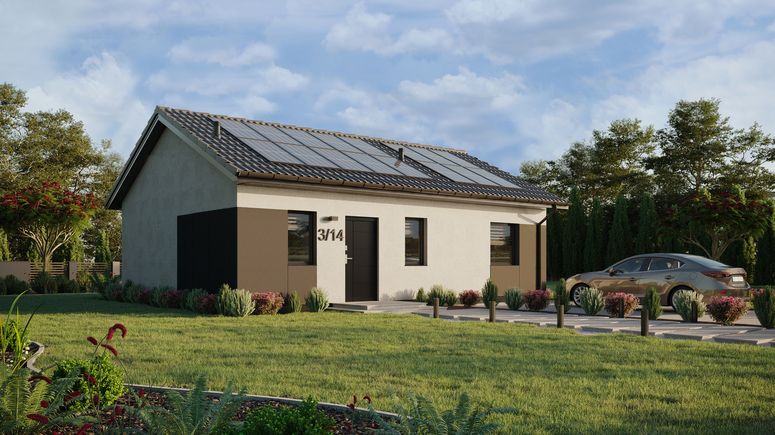 Projekt ERDOL 1 XL - Wersja prawa (salon po prawej stronie) - Dwuspadowy bez poddasza użytkowego – kąt nachylenia 25 stopni - Bez okien/świetlików dachowych - Okna standardowe - Styropian, siatka i klej - Antracyt - Instalacja fotowoltaiczna 6,4 kWp (16 paneli)