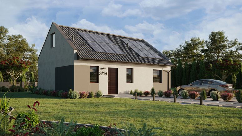 Projekt ERDOL 1 XL - Wersja prawa (salon po prawej stronie) - Dwuspadowy nowoczesny z poddaszem użytkowym – kąt nachylenia 35 stopni - Schody w salonie - Bez okien/świetlików dachowych - Okna standardowe - Styropian, siatka i klej - Orzech - Instalacja fotowoltaiczna 4,8 kWp (12 paneli)