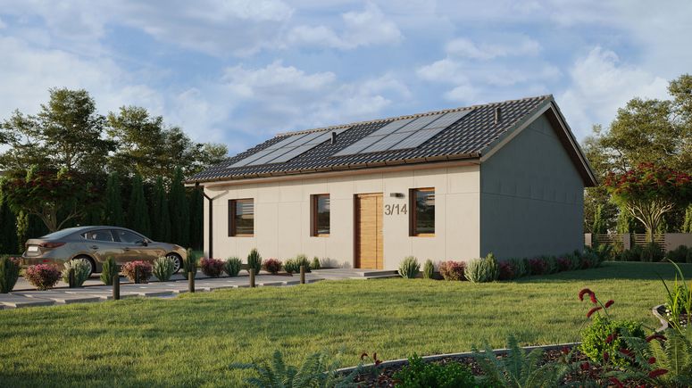 Projekt ERDOL 1 XL - Wersja lewa (salon po lewej stronie) - Dwuspadowy bez poddasza użytkowego – kąt nachylenia 25 stopni - Bez okien/świetlików dachowych - Okna standardowe - Bez styropianu, siatki i kleju - Złoty dąb - Instalacja fotowoltaiczna 4,8 kWp (12 paneli)