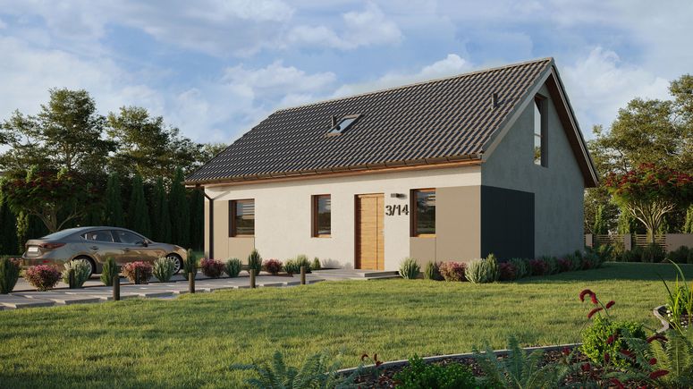 Projekt ERDOL 1 XL - Wersja lewa (salon po lewej stronie) - Dwuspadowy z poddaszem użytkowym – kąt nachylenia 35 stopni - Schody w salonie - Okno dachowe pokojowe i łazienkowe - Okno balkonowe w jadalni i okna na poddaszu do podłogi - Styropian, siatka i klej - Złoty dąb - Bez instalacji fotowoltaicznej