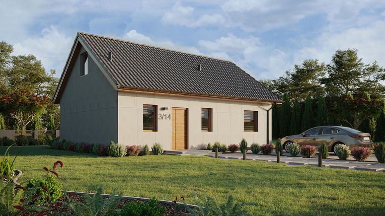 Projekt ERDOL 1 XL - Wersja prawa (salon po prawej stronie) - Dwuspadowy z poddaszem użytkowym – kąt nachylenia 35 stopni - Schody w salonie - Bez okien/świetlików dachowych - Okna standardowe - Bez styropianu, siatki i kleju - Złoty dąb - Bez instalacji fotowoltaicznej