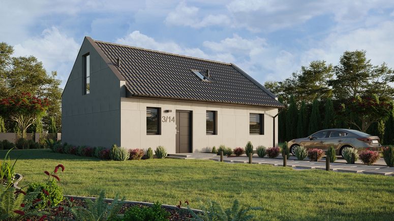 Projekt ERDOL 1 XL - Wersja prawa (salon po prawej stronie) - Dwuspadowy nowoczesny z poddaszem użytkowym – kąt nachylenia 35 stopni - Schody w salonie - Okno dachowe pokojowe i łazienkowe - Okna na poddaszu do podłogi - Bez styropianu, siatki i kleju - Antracyt - Bez instalacji fotowoltaicznej